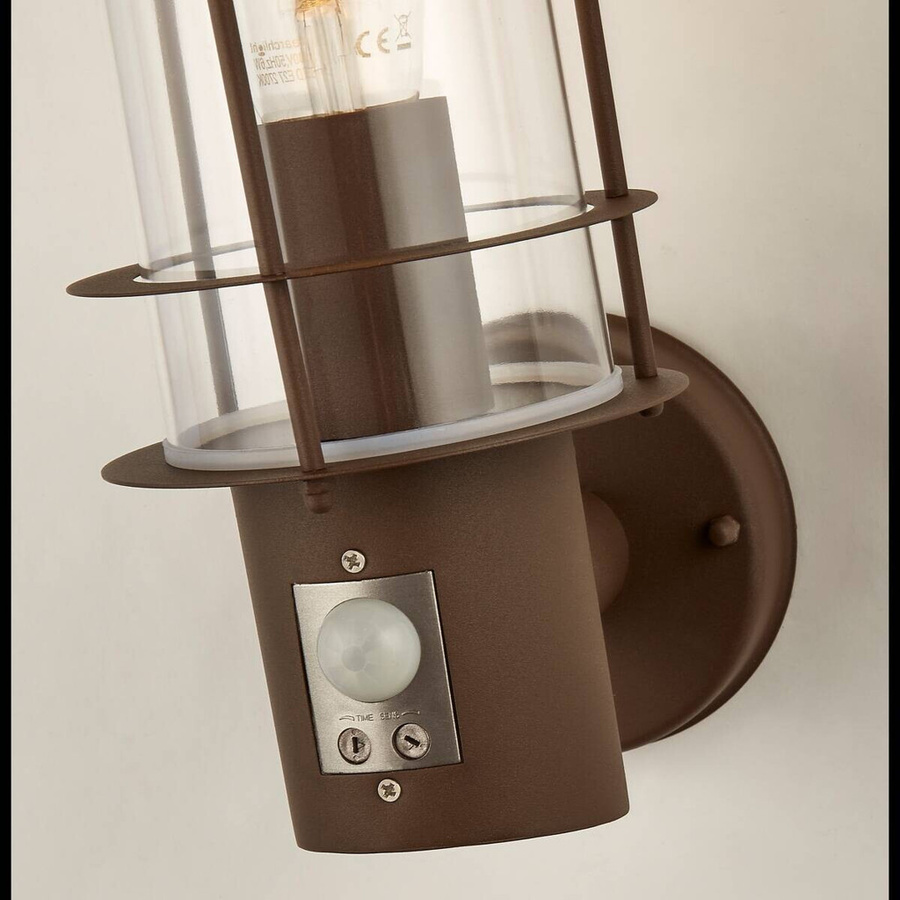 Edgeware Wandaußenleuchte Laterne aus Metall und Glas in Braun und Transparent mit Bewegungssensor, E27, IP44, B/H/T: 18 x 32 x 22 cm - Bild 3