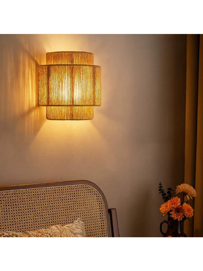 JOYINLED Boho Wandleuchte aus Rattan und Holz in Braun und Beige mit E27 Fassung - Bild 3