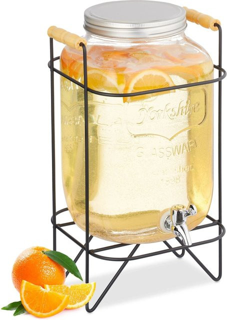 Relaxdays Getränkespender aus Glas und Eisen mit Zapfhahn und Ständer, Transparent/Schwarz, B/T/H: 40 x 23 x 27 cm - Bild 1
