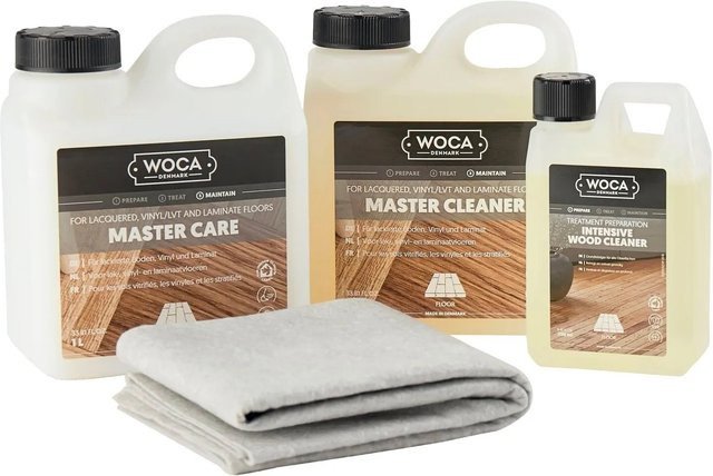 Woca Holzbodenpflege und Holzboden Reiniger Set mit Baumwolltuch für Vinyl, Laminat und Lackoberflächen in White - Bild 1