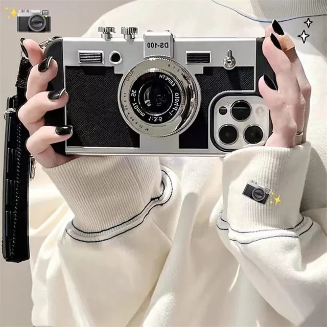 Handyhülle Emily In Paris mit 3D Retro Kamera-Cover und Trageriemen für iPhone 17 Pro Max 16 15 14 13 12 Plus in Schwarz - Bild 1