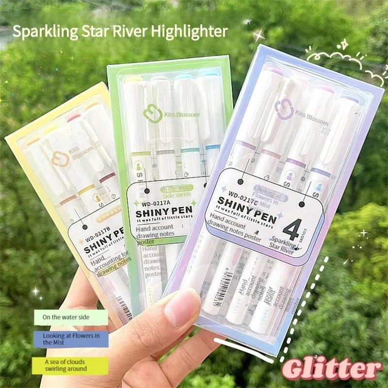 4er-Set Kawaii Glitzer-Textmarker in Mehrfarben für deine Notizen und dein Journaling - Bild 2