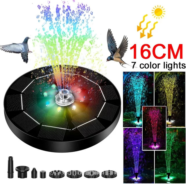 Solar-Brunnen mit 7 Farben LED-Licht und 6 Düsen für den Garten, Multicolour, Schwarz - Bild 1