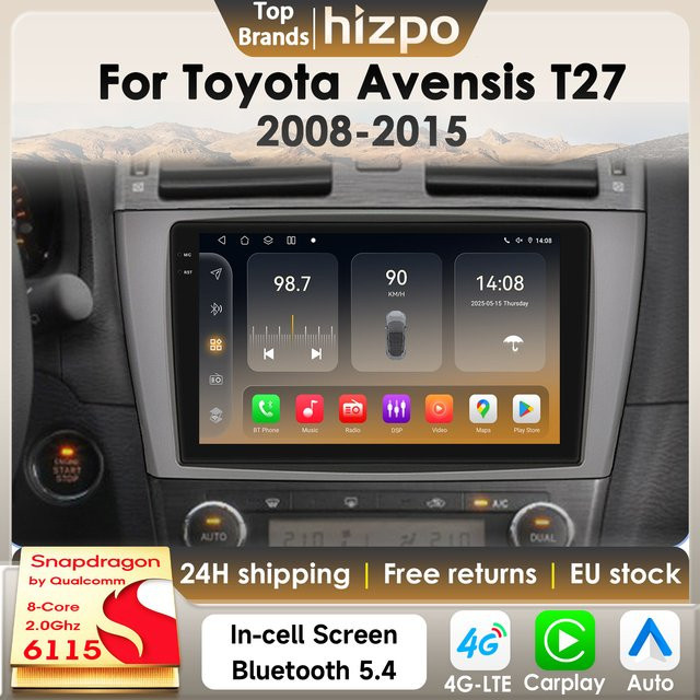 Hizpo Intelligentes Android 14 Autoradio für Toyota Avensis T27 2008–2015 mit 8GB RAM, 128GB Speicher, Snapdragon 6115, CarPlay, GPS, DSP und Bluetooth 5.4 in Schwarz - Bild 1