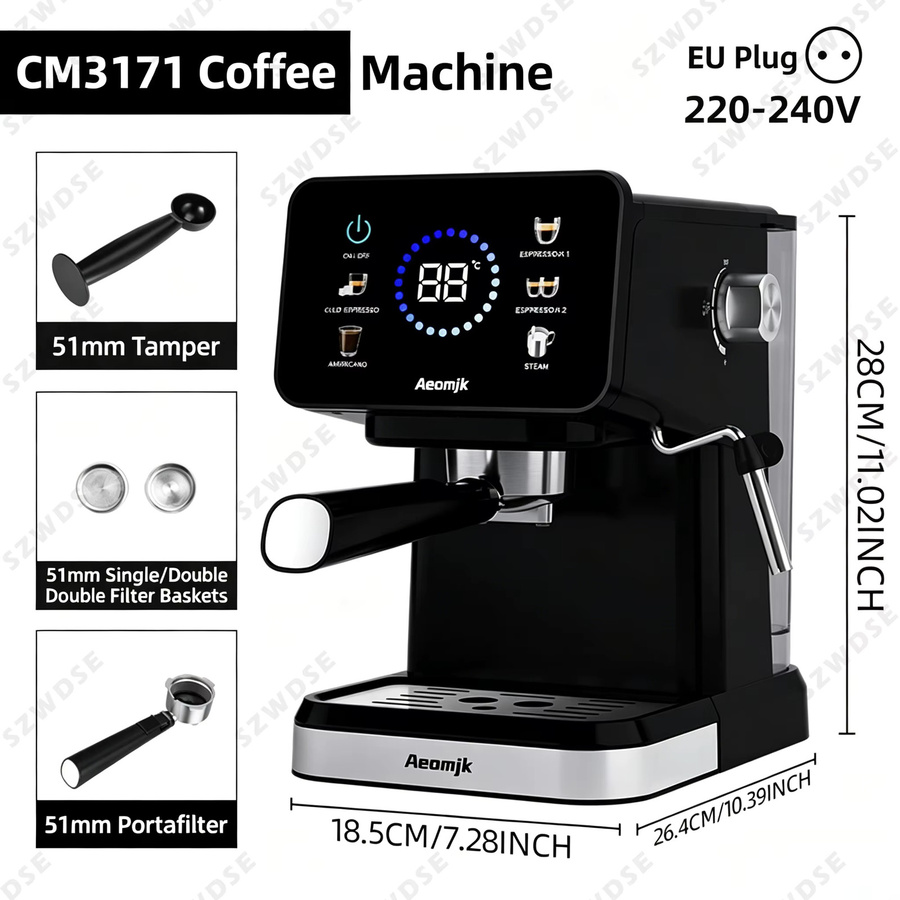 SZWDSE Halbautomatische Espressomaschine mit integriertem Milchaufschäumer und Temperaturregelung, 20 bar Druck, Schwarz - Bild 8