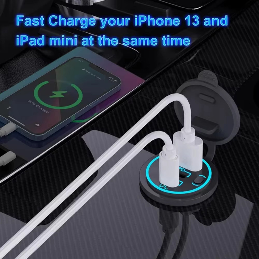 Velev Auto Ladegerät mit Doppel-USB-C-Anschlüssen PD 3.0 und QC 3.0, 78W Schnellladung, Wasserdicht mit LED-Touch-Schalter, Schwarz, 12V/24V für Motorrad-Adapter - Bild 5