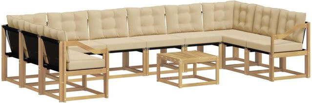 vidaXL Outdoor-Sofagarnitur aus Akazienholz mit 11 Kissen in Weiß und Beige - Bild 1