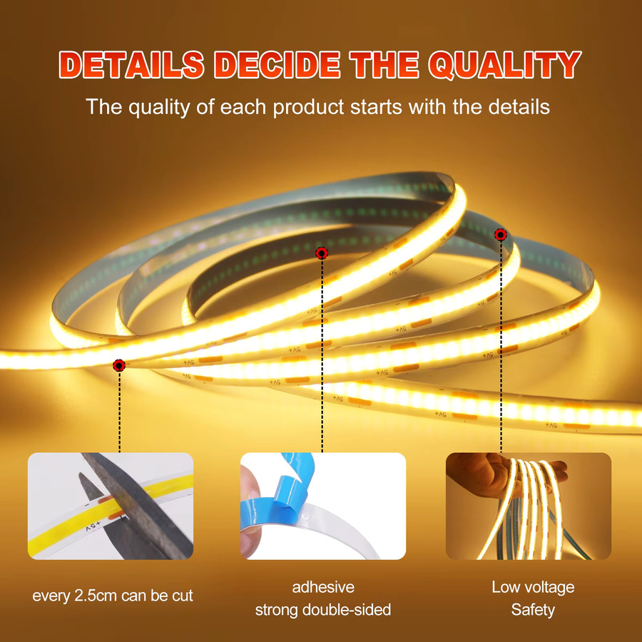 GAHADA COB LED-Streifen USB 5V Warmweiß mit 120 LEDs, flexibles LED-Band 8mm Breite zur Schrank- und TV-Hintergrundbeleuchtung - Bild 2