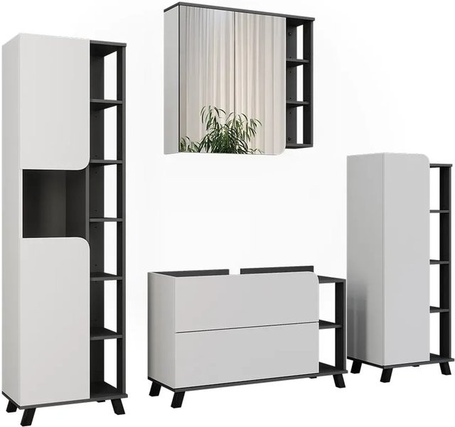 Vicco Badmöbel-Set Karen modern in Anthrazit und Weiß, 4-teilig bestehend aus Waschtischunterschrank, Spiegelschrank, Hochschrank und Seitenschrank - Bild 1