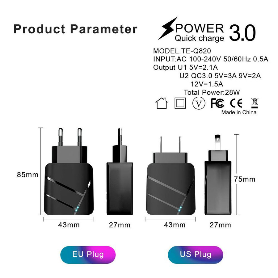 VAORLO 28W USB Schnellladegerät mit Doppelter USB 3.0 Buchse und Leuchtendem Anschluss in Schwarz - Bild 3