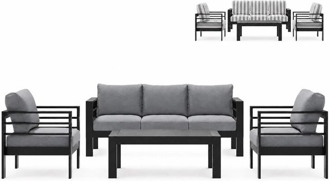 MeXo Gartenmöbel Set für 5 Personen aus Aluminium in Schwarz mit grau gestreiften Polsterkissen - Bild 1