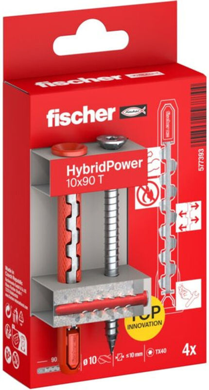 Fischer HybridPower Universal Dübel Set aus Nylon in Rot, Durchmesser: 10 mm, Länge: 90 mm, 4 Stück - Bild 2