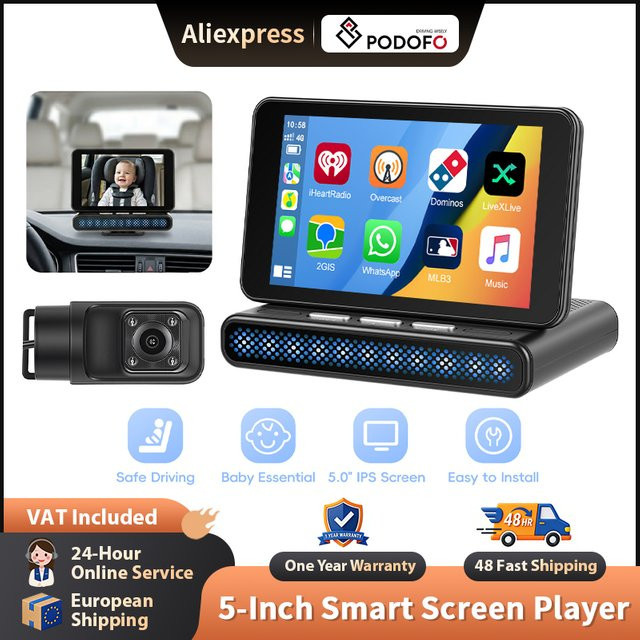 Podofo 5-Zoll Kabelloser CarPlay und Android Auto Smart Screen Player mit Rückfahrkamera und Babymonitor Funktion in Schwarz - Bild 1