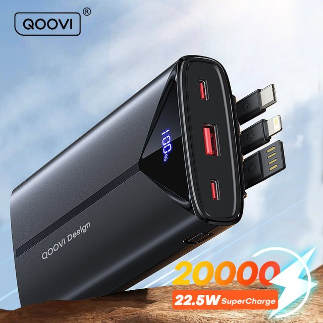 QOOVI Power Bank 20000 mAh mit 22,5 W Schnellladefunktion und integriertem Kabel in Schwarz - Bild 1