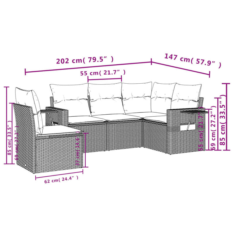 Vidaxl Gartenmöbel-Set aus Polyrattan mit 5 Teilen und Kissen in Beige - Bild 2