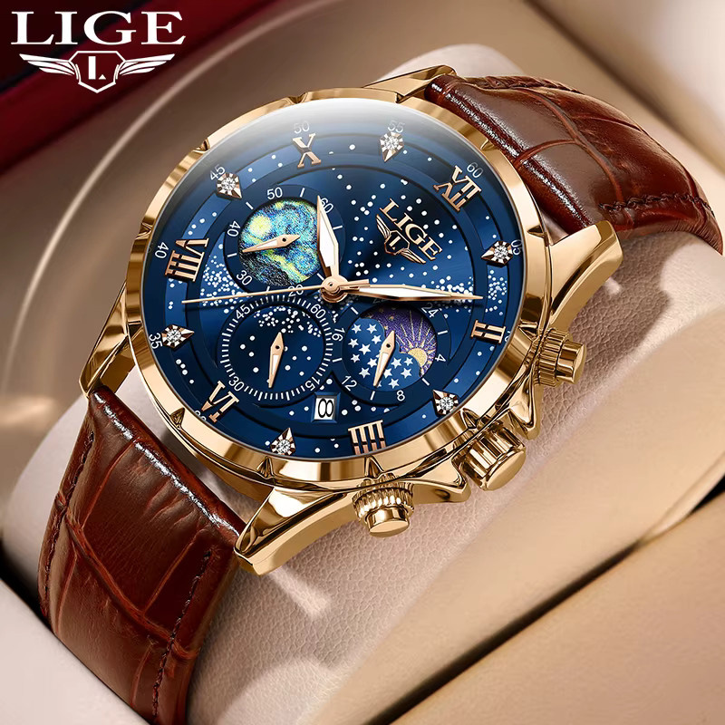 Lige Chronograph, Quarz, Leder, Herren, Blau, Gold, Datum - Bild 3