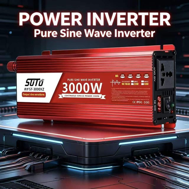 SUTU POWER Wechselrichter 12V 220V Reine Sinuswelle 3000W DC 12V 24V zu AC 220V 110V Tragbarer Stromversorgungskonverter in Rot - Bild 1