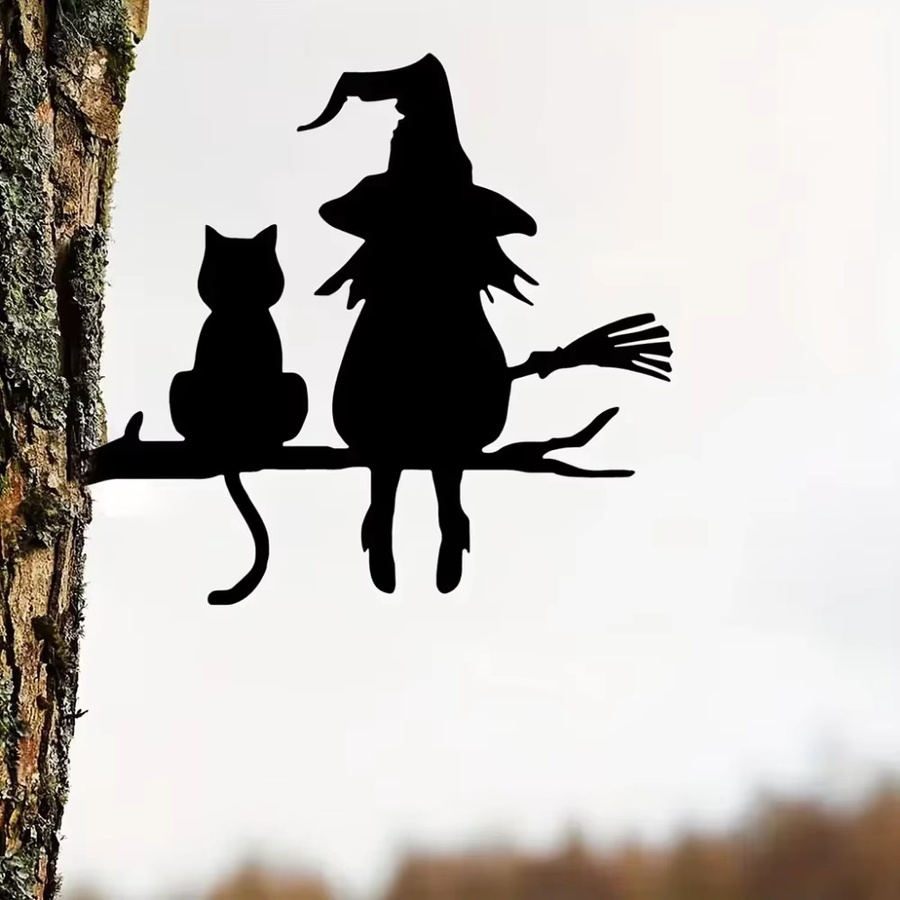 CIFBUY Gartenstecker aus Metall mit Hexen- und Katzensilhouette in Schwarz für Halloween-Dekoration - Bild 4