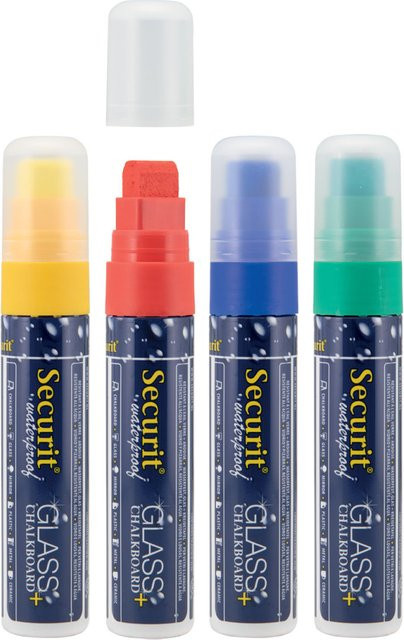 Securit 4er-Set Flüssigkreidemarker Waterproof mit rechteckiger Chisel-Spitze, mehrfarbig (Gelb, Grün, Rot, Blau) - Bild 1