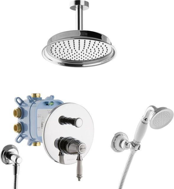 PaulGurkes Duschsystem Nostalgie Retro Regendusche Set in Chrom mit Handbrause und Deckeneinbau - Bild 1