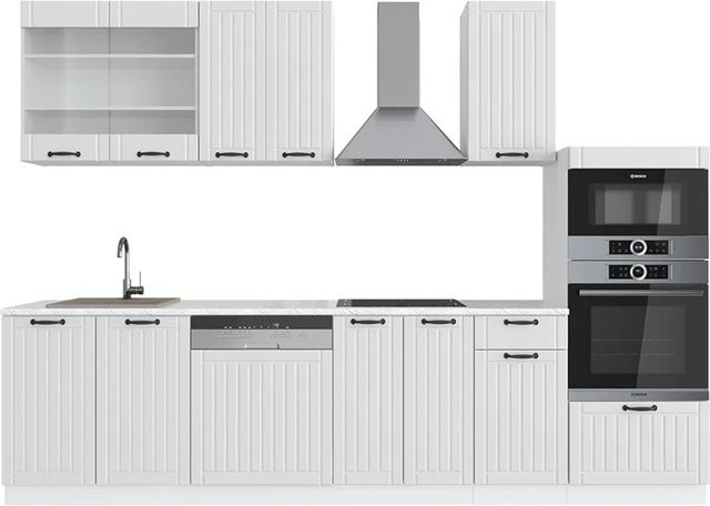 Vicco Fame-Line Küchenzeile in Weiß im Landhausstil mit Hochschrank und Marmor-Optik, Breite: 300 cm - Bild 1