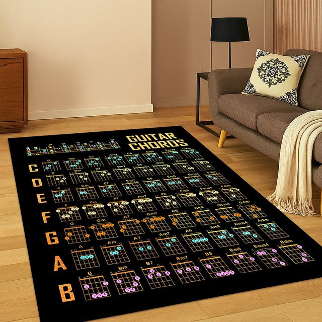 Faviora Musik Teppich mit Gitarren-Bass-Akkorden und Theorie-Diagramm, rutschfest, modern, rechteckig, B/T: 60 x 40 cm - Bild 1