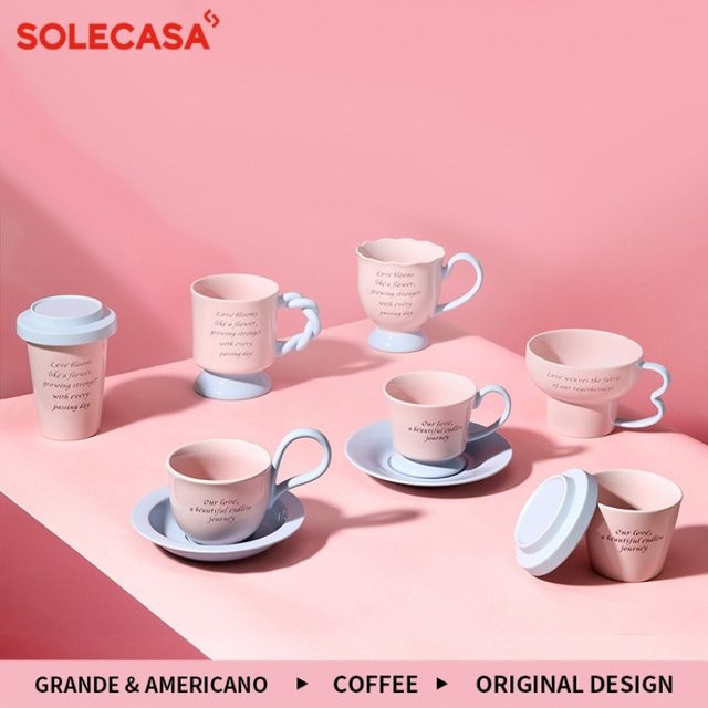 SOLECASA Keramikbecher Macaron-Serie Kaffeetassen und Untertassen Set in Rosa und Blau - Bild 1