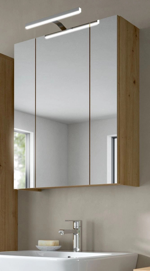 Spiegelschrank Cover für das Badezimmer in Eiche, mit LED-Beleuchtung und Glastüren, Farbe Braun, B: 60 cm, H: 70 cm, T: 18 cm - Bild 1