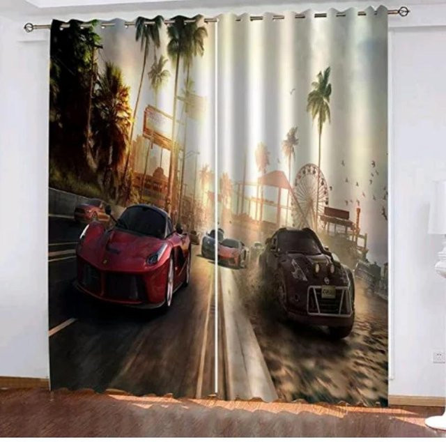 Moderne Vorhänge mit Sportwagen-Print in Multicolour, halbtransparentes Polyester für Wohnzimmer und Schlafzimmer, B: 160 cm, H: 184 cm - Bild 1