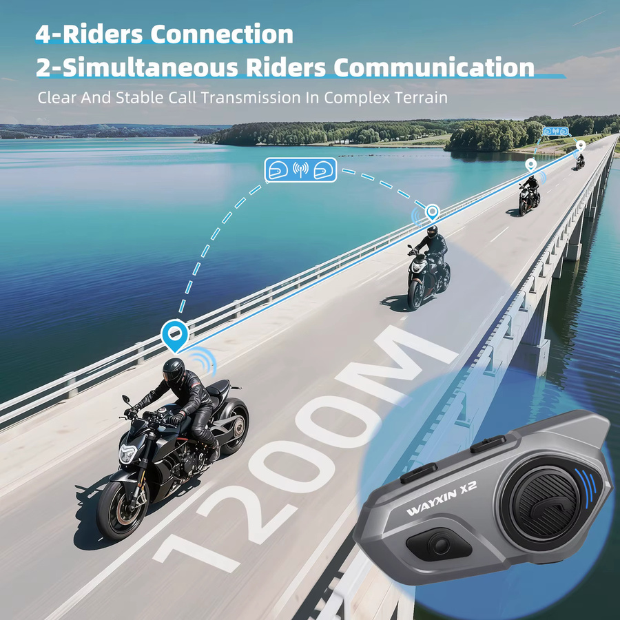 WAYXIN X2 Motorradhelm-Headset Bluetooth Intercom für bis zu 4 Fahrer, BT5.4 Interphone, wasserdicht - Bild 2
