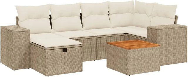 vidaXL 7-teilige Garten-Sofagarnitur in L-Form aus Poly-Rattan mit Kissen in Beige - Bild 1