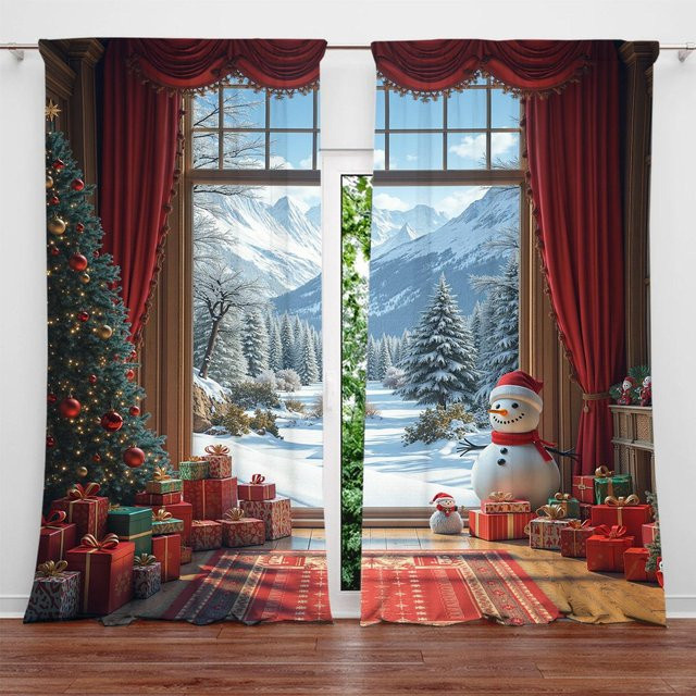2er-Set Weihnachts-Vorhänge mit Schneemotiv, halbtransparent, bunt, B: 107 cm, H: 213 cm - Bild 1