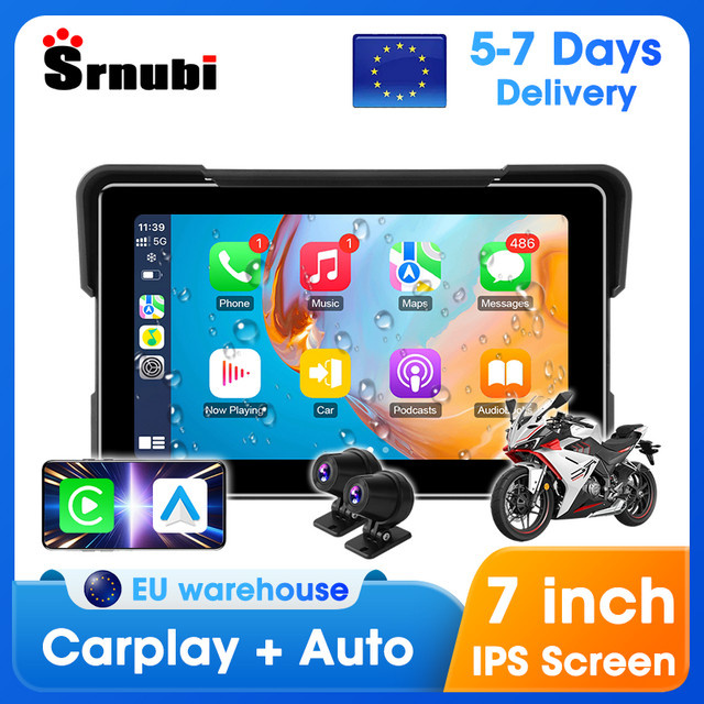 srnubi Tragbares 7 Zoll IPX7 Wasserdichtes Motorrad GPS Navigationsgerät mit Android Auto und CarPlay sowie DVR Video Recorder in Schwarz - Bild 1