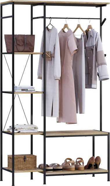 EUGAD 3-in-1 Garderobenständer mit Bank im Industrial Design, schwarzer Aufbewahrungsschrank mit 4-stufigem Regal, 4 Haken und Kleiderstange, B/T/H: 100 x 40 x 175 cm - Bild 1