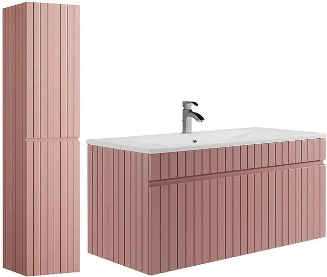 Vente-unique Badmöbel-Set Satara in Puderrosa mit Einbauwaschbecken und Hochschrank, Breite: 100 cm, matt mit Rillenoptik - Bild 1