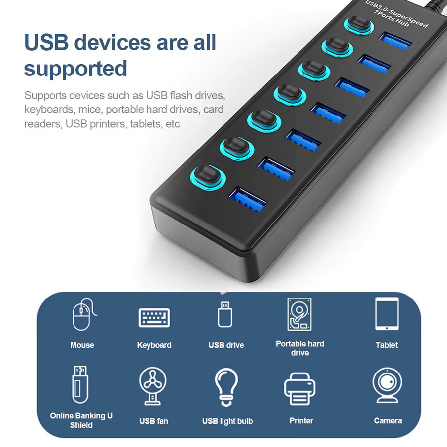 KEBIDUMEI 7-in-2 USB 3.0 Hub mit Einzelnen Ein/Aus-Schaltern und USB-C Anschluss, 5Gbps USB-Verteiler in Schwarz - Bild 6