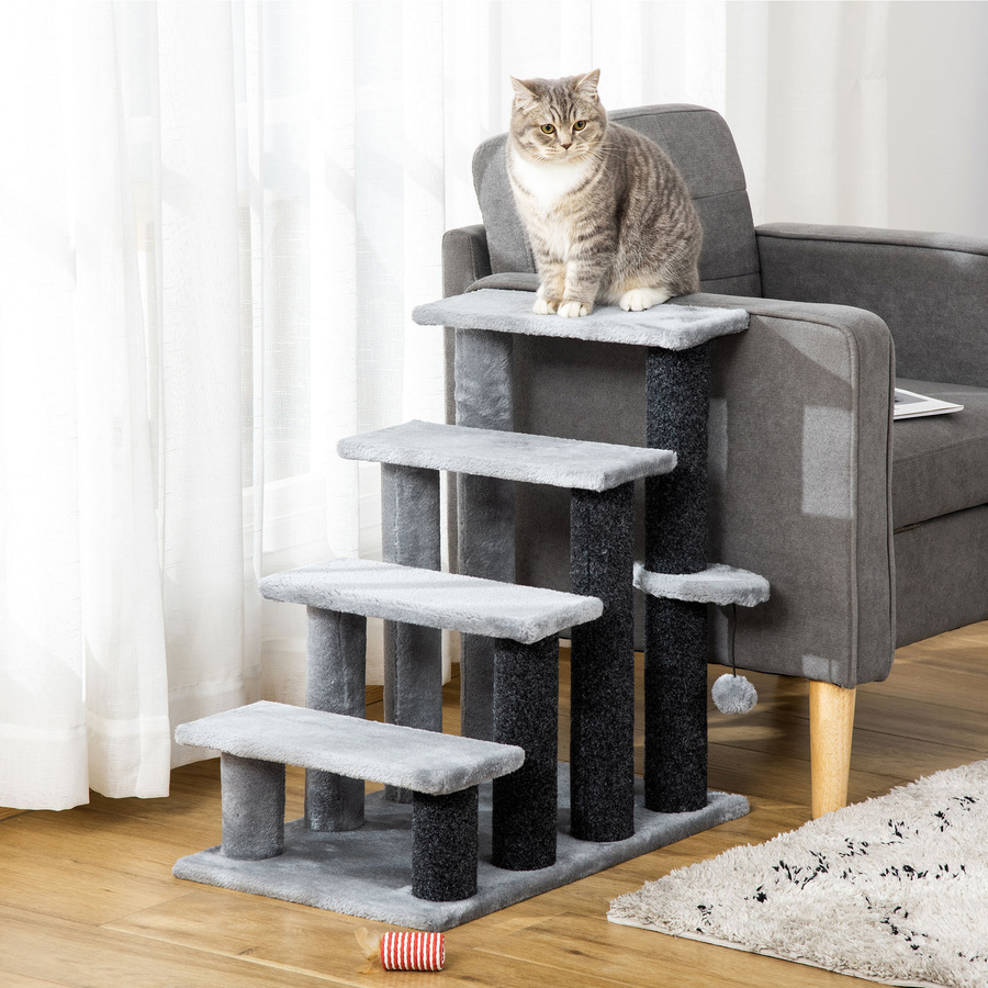 PawHut Katzentreppe mit 4 Stufen, Spielball und Plattform aus Jute und Plüsch, Grau, Höhe: 64 cm - Bild 2