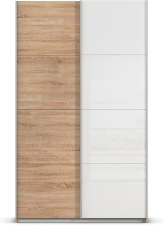 RAUCH Quadra Schwebetürenschrank mit Glaselementen, Korpus Eiche und Glas Weiß, B/T/H: 136 x 40 x 230 cm