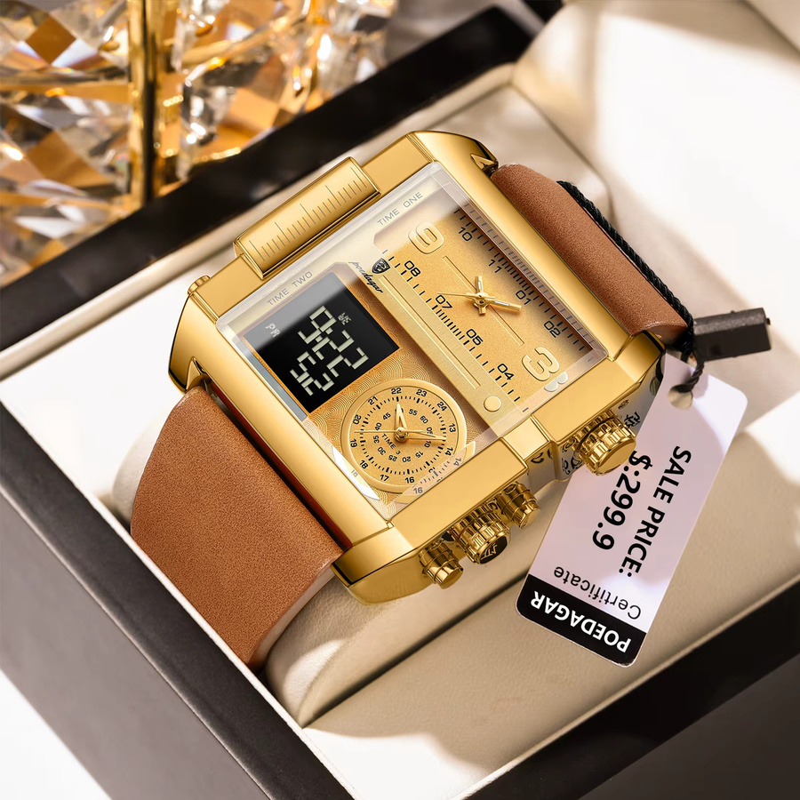 POEDAGAR Digitaluhr, Quarz, Gold, Leder, Herren - Bild 2