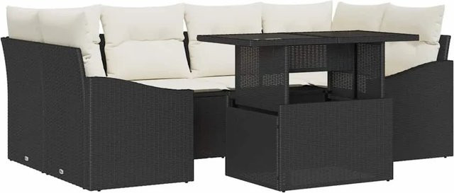 vidaXL Garten-Sofa-Set aus Poly-Rattan in Schwarz und Beige mit 7-teiligem Zubehör und Kissen für Terrasse und Garten - Bild 1