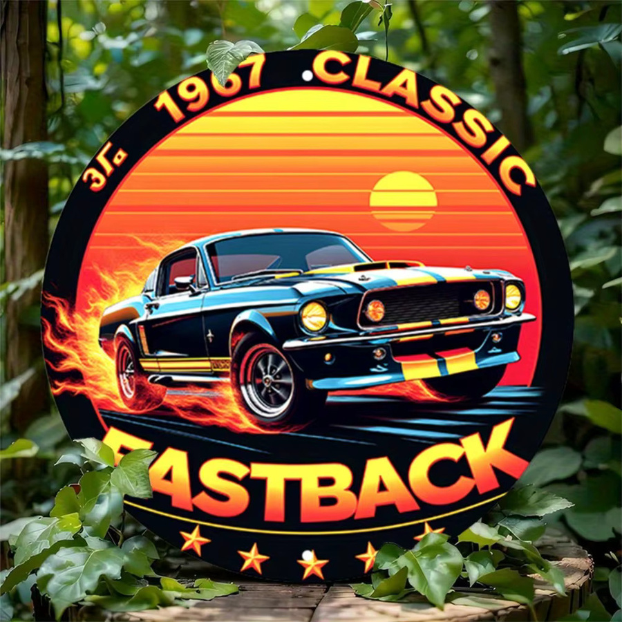 Rundes Vintage Aluminium-Metallblechschild Potdemiel mit 1967 Classic Fastback Design, Flammen und Sonnenuntergang, Durchmesser: 20 cm, Mehrfarbig - Bild 2