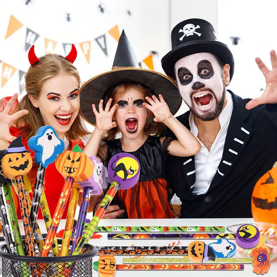 JXB 12er Set Halloween-Partystifte mit Radiergummis in Multicolour mit Kürbis, Fledermaus, Skelett und Spinne Motiven - Bild 6