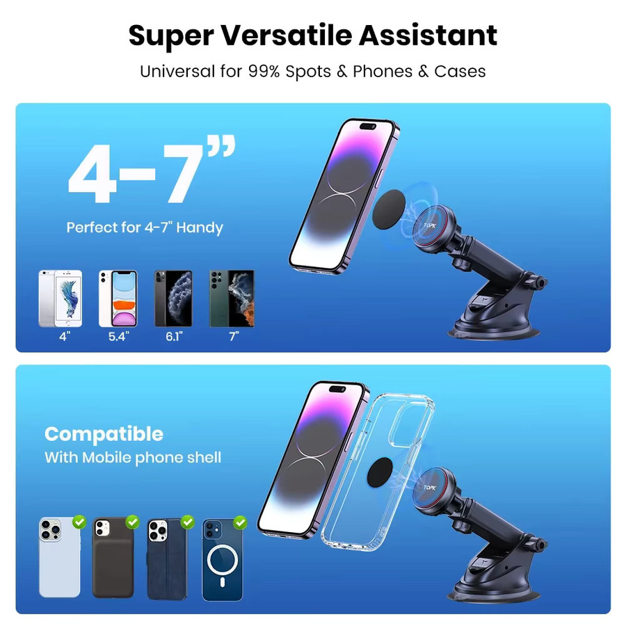 Topk Magnetische Autotelefonhalterung mit N52 Starkmagnet und Teleskoparm in Schwarz für Armaturenbrett oder Windschutzscheibe - Bild 5