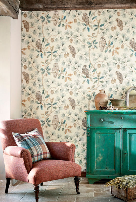Sanderson Tapete Owlswick in Petrol und Türkis mit Tiermotiv und botanischem Design - Bild 2