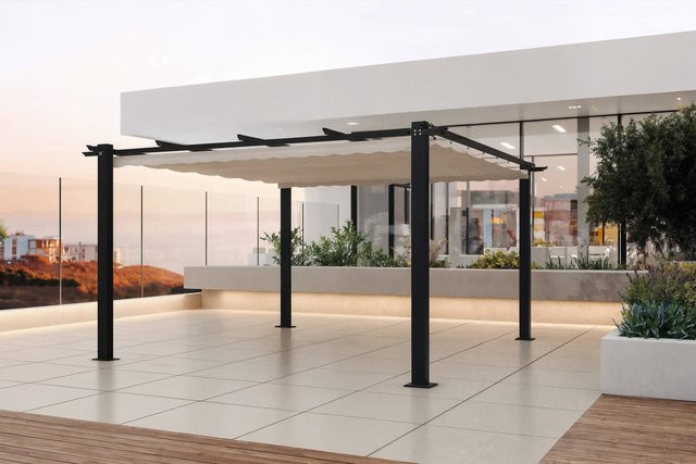 OUTFLEXX Pergola mit faltbarem Stoffdach aus Aluminium und Polyester, Farbe Anthrazit/Beige, B/T: 400 x 400 cm - Bild 1