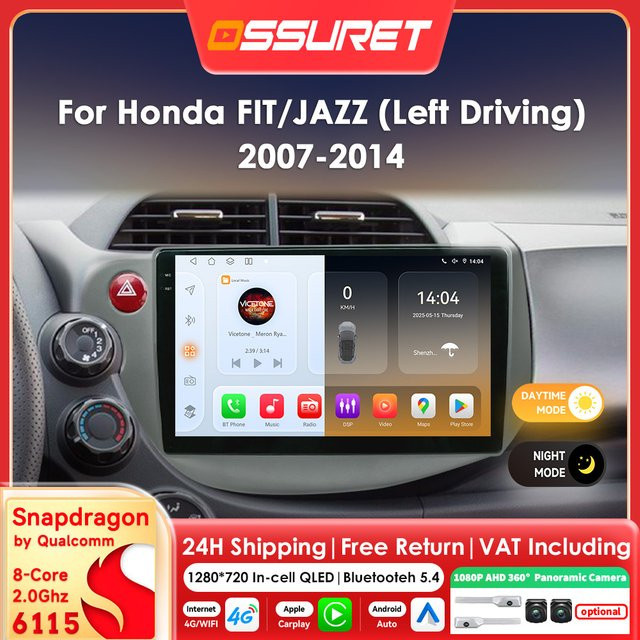 OSSURET Android 14 Autoradio mit 8 Kernen und Carplay für Honda Fit Jazz 2007-2014, Multimedia-Player mit GPS, Bluetooth und 360 Kamera, Schwarz - Bild 1