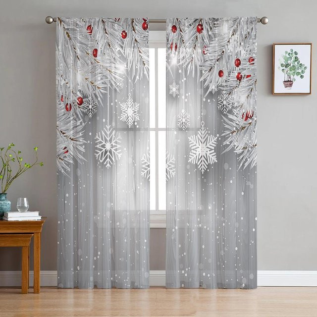 Yiran Furniture Weihnachts-Garnvorhang mit Schneeflocken und Schneemann, grauer Tüllvorhang transparent, B: 135 cm, H: 115 cm - Bild 1