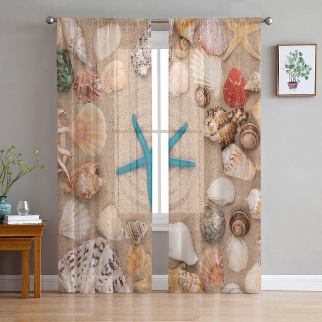 Transparente Tüllvorhänge mit Strand-Motiv Seestern und Muschel für Wohnzimmer, Schlafzimmer und Küche, Farbe: Transparent, B: 135 cm, H: 114 cm - Bild 1
