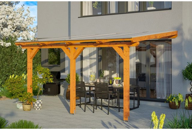 Skan Holz Terrassenüberdachung Bormio aus Leimholz in Eiche Hell, Breite: 434 cm, Tiefe: 250 cm - Bild 1