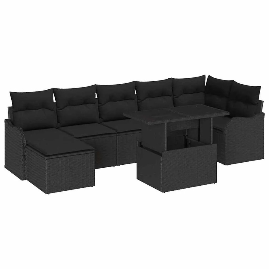 vidaXL Garten-Sofa-Set 8-teilig in Schwarz mit Polstern, L-Form, Rattan-Optik und Couchtisch für Terrasse und Garten - Bild 2